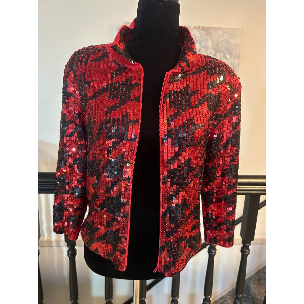 Just B Red Black Sequin Zip Up Knit Jacket Mock Neck 3/4 Sleeve Medium